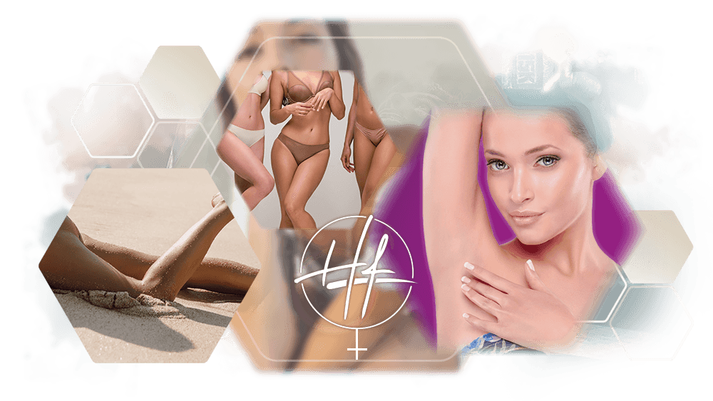 Fotocollage mit verschiedenen Szenen, die Frauen mit glatter Hat dank der Haarentfernung zeigen